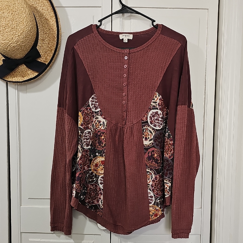 Umgee Maroon and Multicolor Patchwork Long Sleeve Top